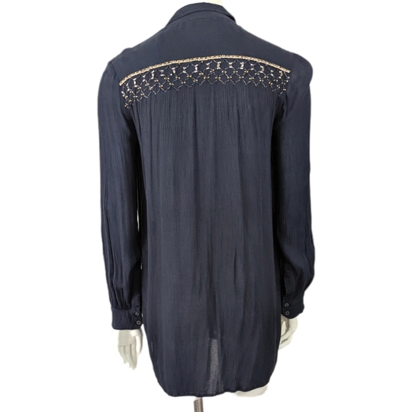 Anthropologie Floreat Beulah Beaded Tunic Button Down Top Blouse S Navy Blue - Picture 7 of 11